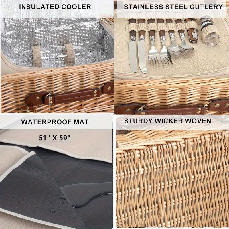 Multifunctional Wicker Picnic Basket Set 2 with Blanket and Picnic Table, Insulated Picnic Set with Full Tablewares Camping Outdoor Couples, Natural