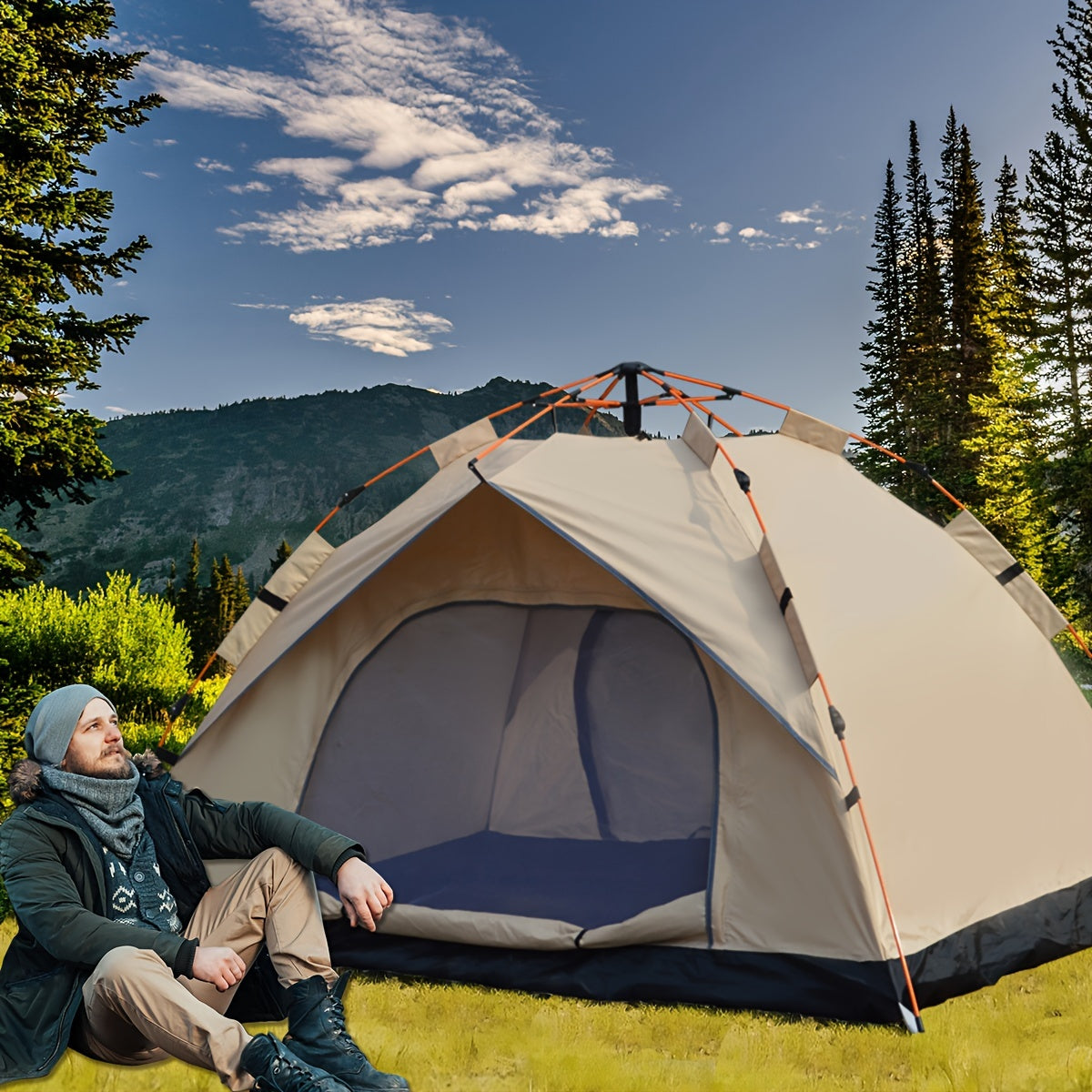 Automatic Quick-opening Tent Outdoor Self-driving Travel Camping Tent Automatic Quick-open Tent Rainproof Sunshine-proof Tent Fishing Beach Sunshine Shelter 2-3\u002F3-4 Person Portable Fishing Hiking