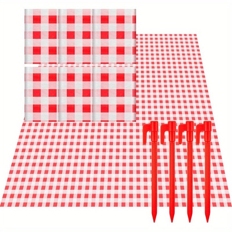 6pcs Disposable Outdoor Picnic Blankets 70.939; 39; x70.939; 39; Thicken Foldable Waterproof Picnic Mats Gingham Oil Proof Camping Blankets with 4 Ground Spikes for Beach Travel Hiking Conrts Grass