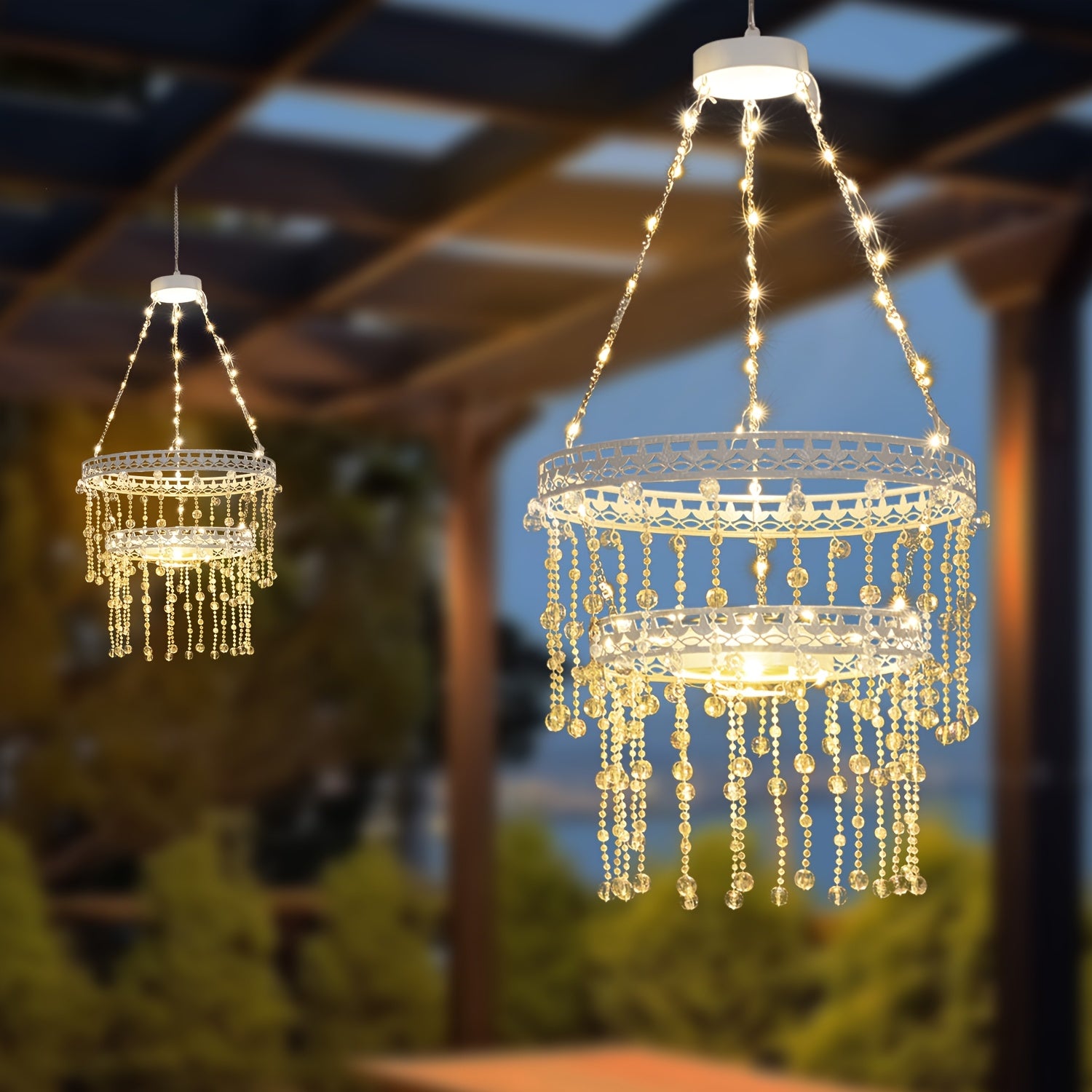 Solar Hanging Crystal Chandelier Outdoor Garden Decorative Lights Powerful Lithium Battery 54 Warm White LEDs Waterproof Hanging Lantern For Garden, Yard, Patio, Gazebo, Party, Wedding
