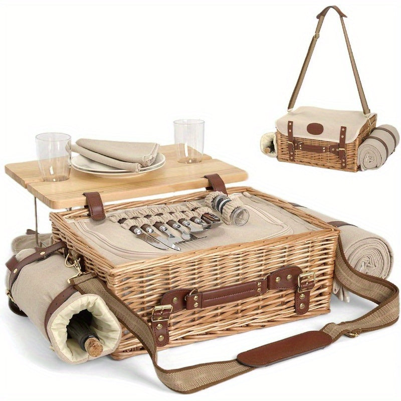 Multifunctional Wicker Picnic Basket Set 2 with Blanket and Picnic Table, Insulated Picnic Set with Full Tablewares Camping Outdoor Couples, Natural