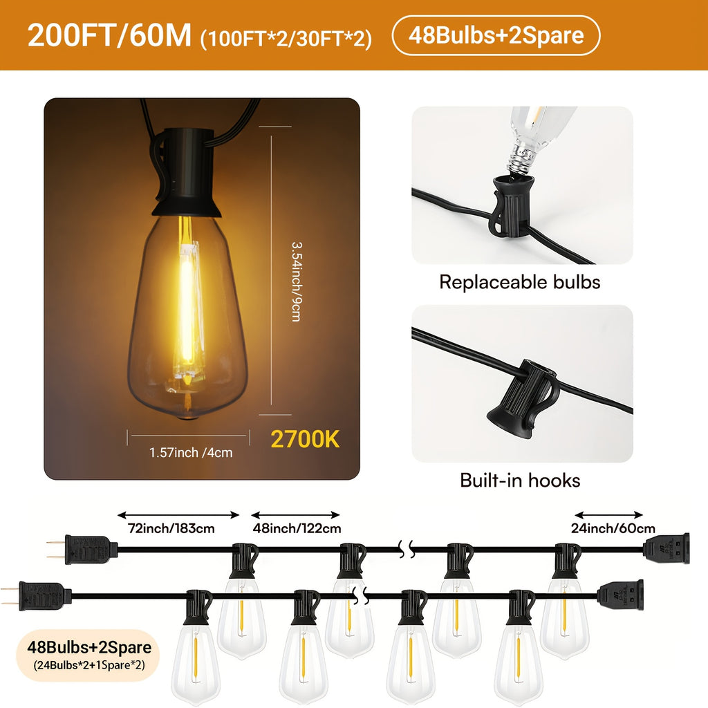 100ft LED Outdoor String Lights, 0.6W\u002F Bulb, 2700K Patio Lighting with ST38 Edison Bulbs, Connectable Hanging Lights for Yard & Porch