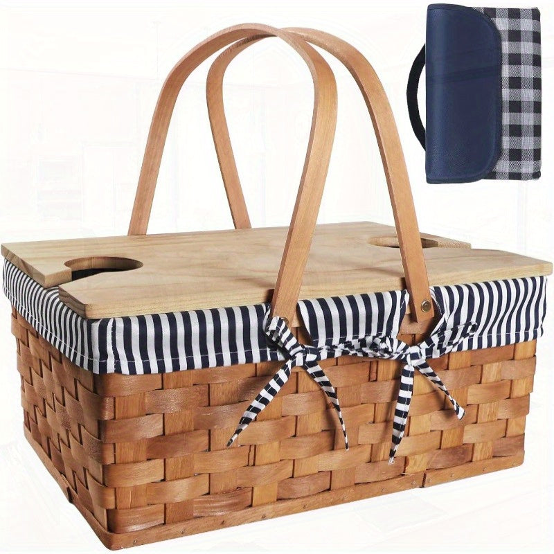 Handcrafted Picnic Basket Made of Wood Chips, Designed for Four People, Featuring Sturdy Woven Construction, Double Swing Handles, And a Spacious Picnic Mat. Ideal for Outdoor Gatherings, Camping, Or As a Wedding Gift for Couples.