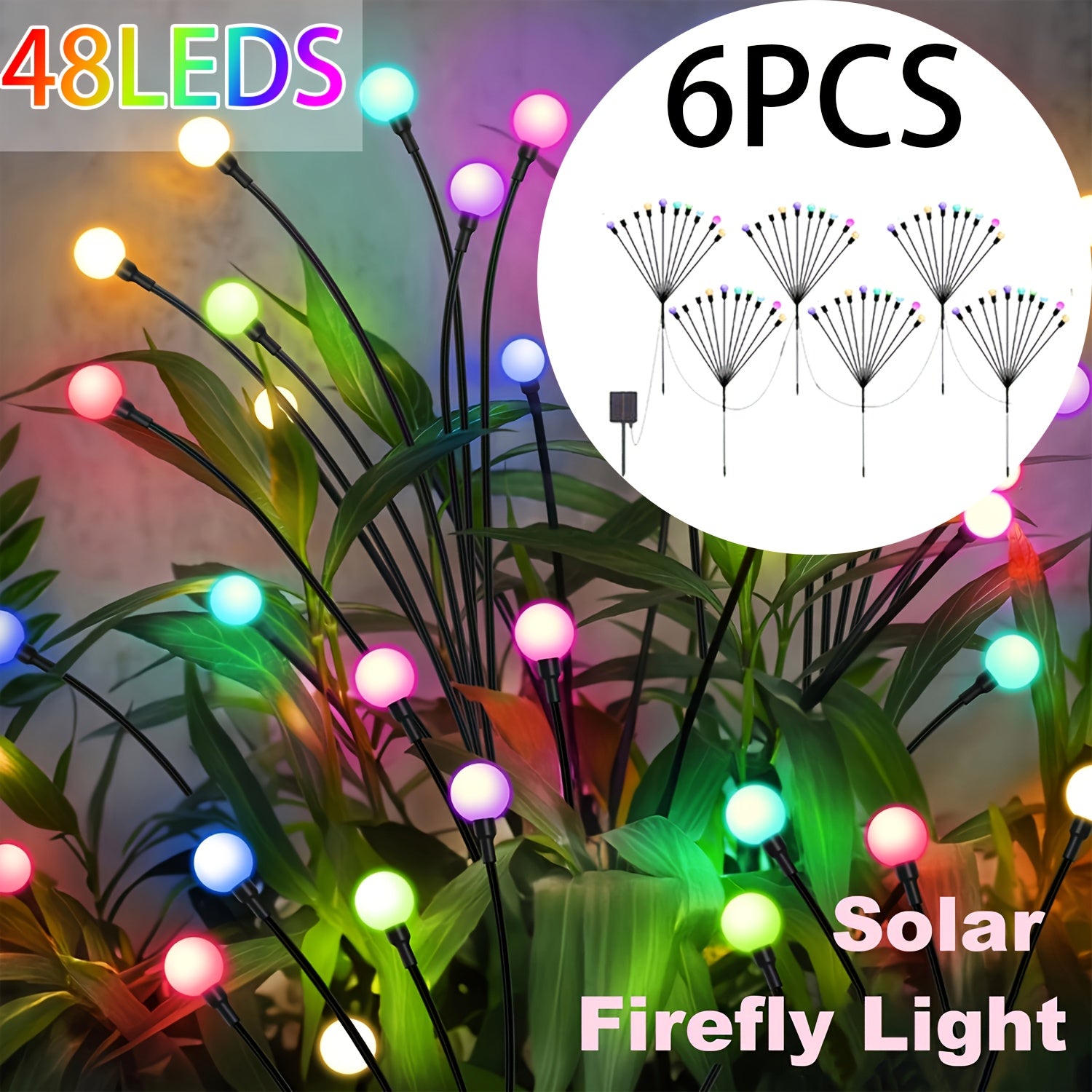 6-Pack 48 LED Solar Garden Lights, Solar Swaying Light, Sway By Wind, Solar Firefly Lights Outdoor Landscape Decoration Lights, Yard, Pathway, Parties, Camping, RGB Color, Warm White (6Pack\u002F 4Pack\u002F 2Pack)