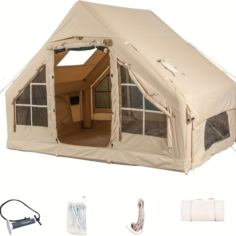 Inflatable Camping Tent with Hand Pump Easy Setup Waterproof, 4-Season Oxford Cabin Inflatable, Windproof Outdoor Blow up Tent 3-8 Person Oxford 4 Season Glamping Air Tent Cabin House with Mesh Windows & Door, Air Glamping for Outdoor Adventures