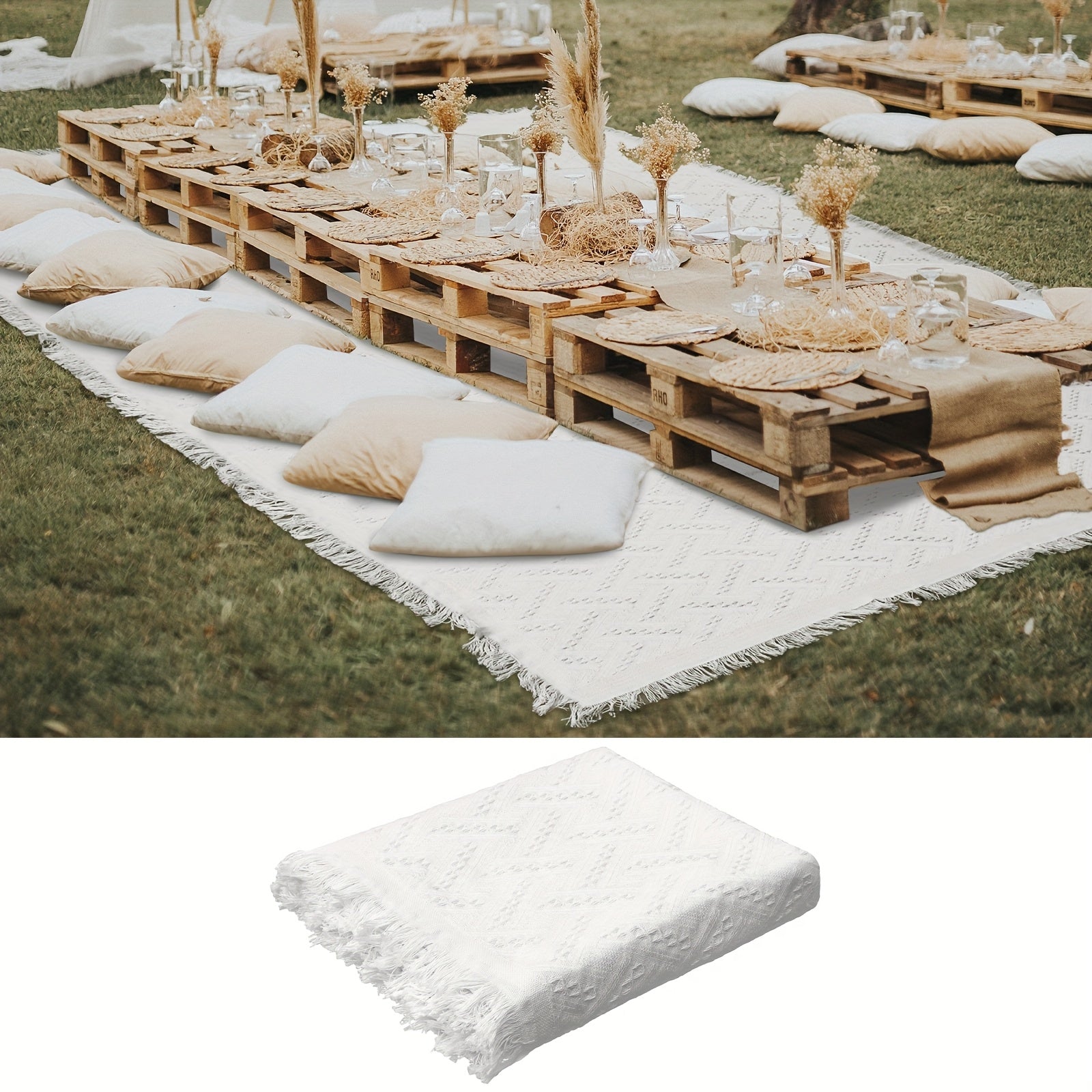 91 x 71 Extra Large Outdoor Picnic Blanket - Woven Yarn Oversize Beach Blanket with Fringe, Bohemian Style Machine Washable & Sandproof Portable for Spring Summer Camping, Picnics, Backyard (White)