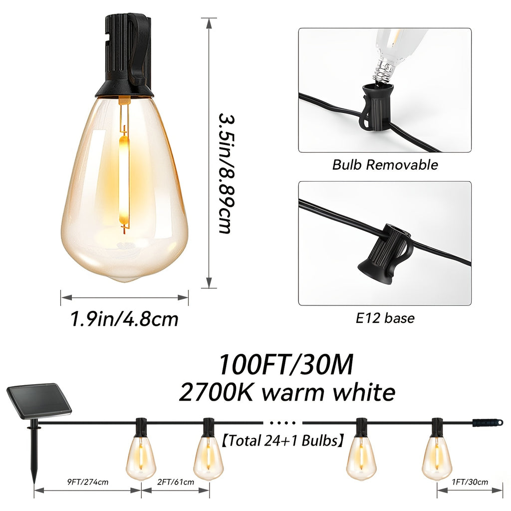 50\u002F 100 Ft Solar Outdoor String Light, Usb-Rechargeable Patio Rope Light, 2700K Warm White, Weather Resistant Material, 12+1\u002F 24+1 Breakproof ST38 E12 Bulb for Patio, Backyard, Porch, Outdoor Pool