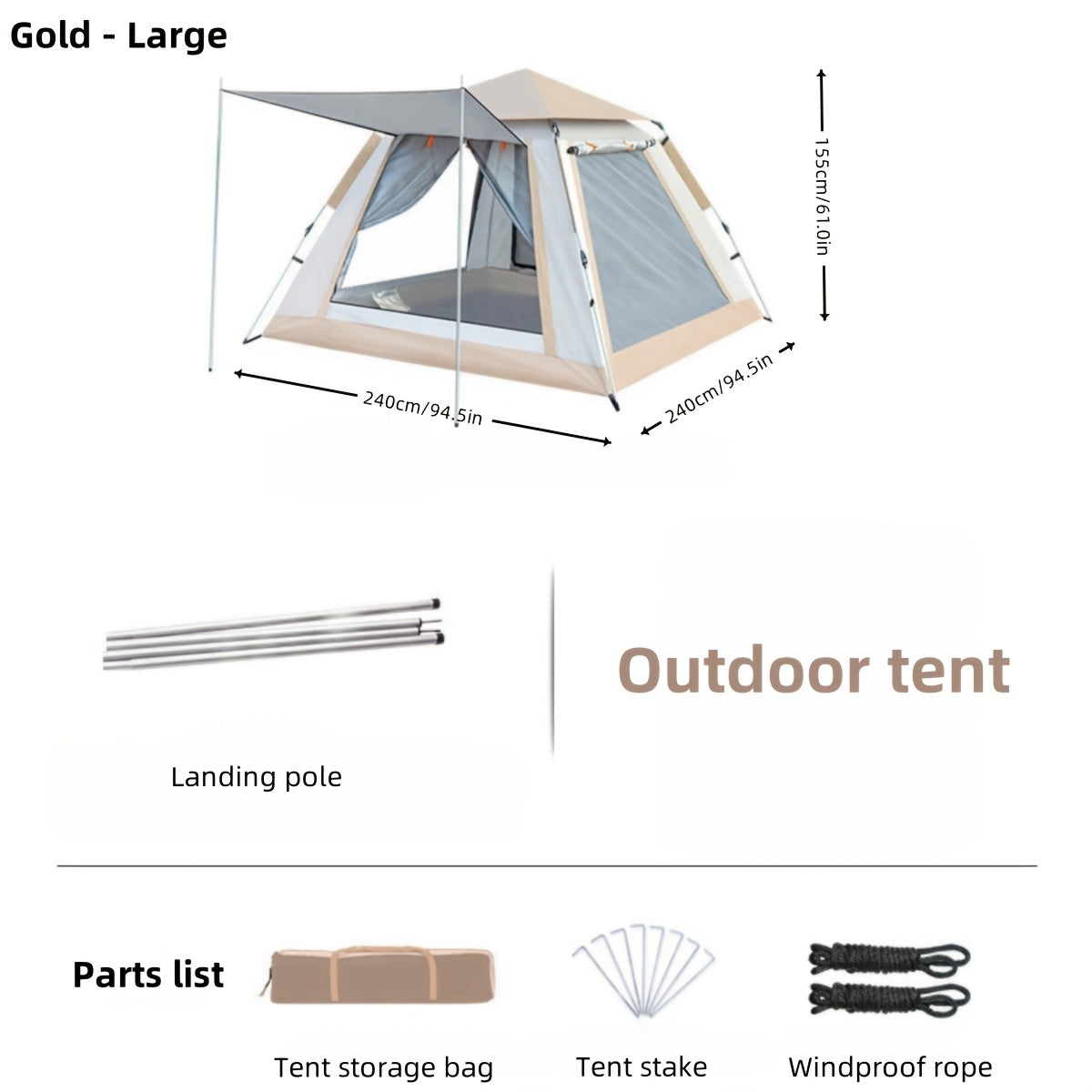 1pc Quick Setup Camping Tent, 4 Ventilated Windows, 240x240cm, Square Shape, Polyester Fabric, Fiberglass Frame, Basic Waterproof, Dual-layer Mesh Door, Outdoor Shelter for Adults and Kids