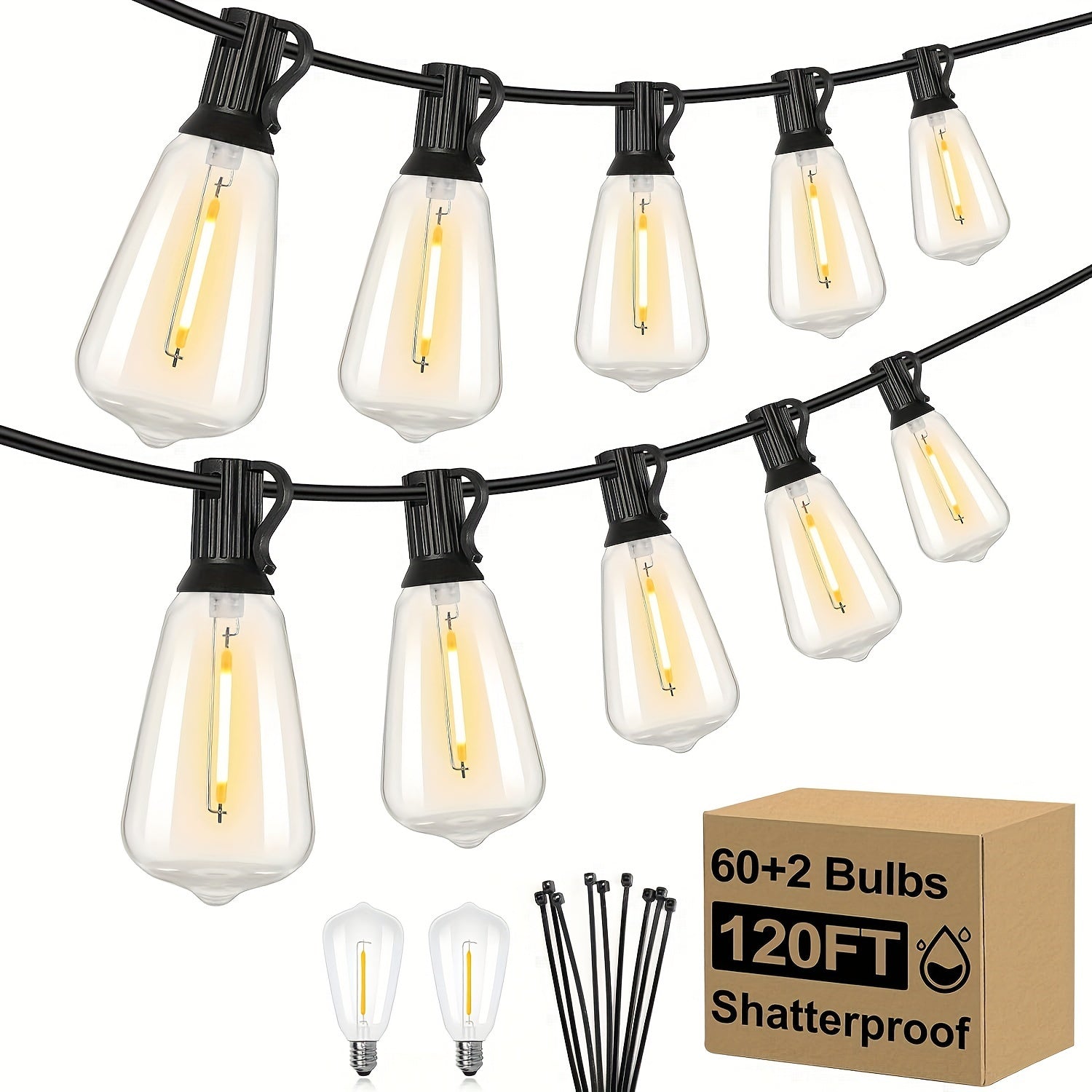 60FT 120FT 200FT LED Outdoor String Lights, Patio Lights With 52 Shatterproof ST38 Edison Bulbs, 2700k Dimmable Connectable Lights String, Outside Hanging String With Hooks For Party Xmas Bistro, Halloween, Christmas Decoration