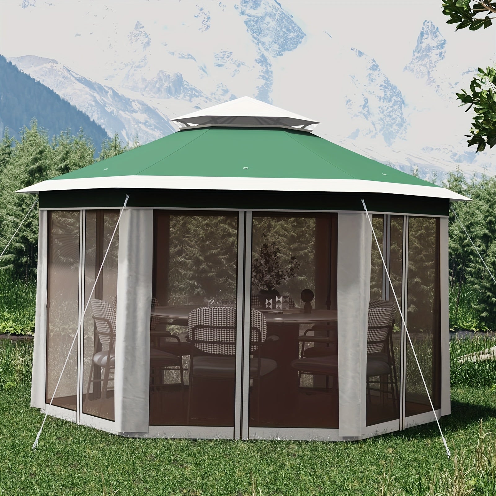 Folding Outdoor Tent, With An Unfolded Size Of 78.74*78.74*78.74inch, PA Coated, Polyester Fabric, With Six Mesh Gauze Covers, Zipper Door, Oxford Fabric, Green + Beige, Suitable For Outdoor Use To Provide Shade And Rain Protection