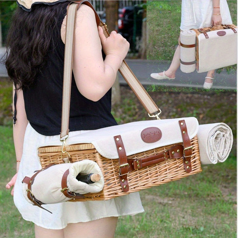 Multifunctional Wicker Picnic Basket Set 2 with Blanket and Picnic Table, Insulated Picnic Set with Full Tablewares Camping Outdoor Couples, Natural