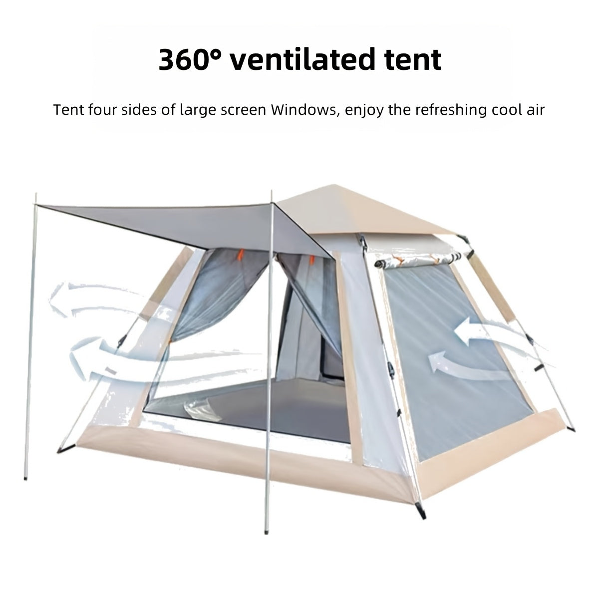 1pc Quick Setup Camping Tent, 4 Ventilated Windows, 240x240cm, Square Shape, Polyester Fabric, Fiberglass Frame, Basic Waterproof, Dual-layer Mesh Door, Outdoor Shelter for Adults and Kids