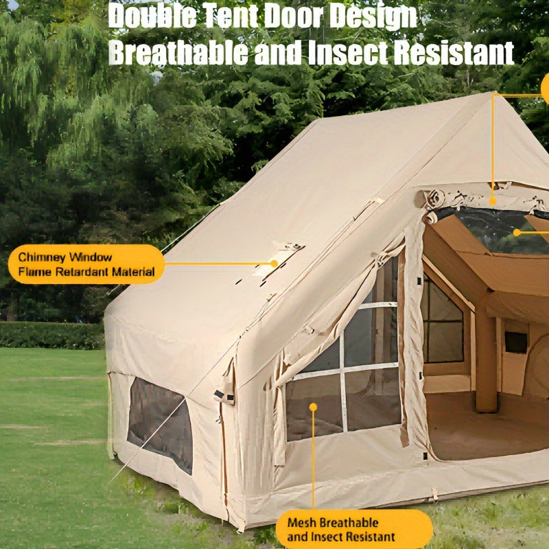 Inflatable Camping Tent with Hand Pump Easy Setup Waterproof, 4-Season Oxford Cabin Inflatable, Windproof Outdoor Blow up Tent 3-8 Person Oxford 4 Season Glamping Air Tent Cabin House with Mesh Windows & Door, Air Glamping for Outdoor Adventures