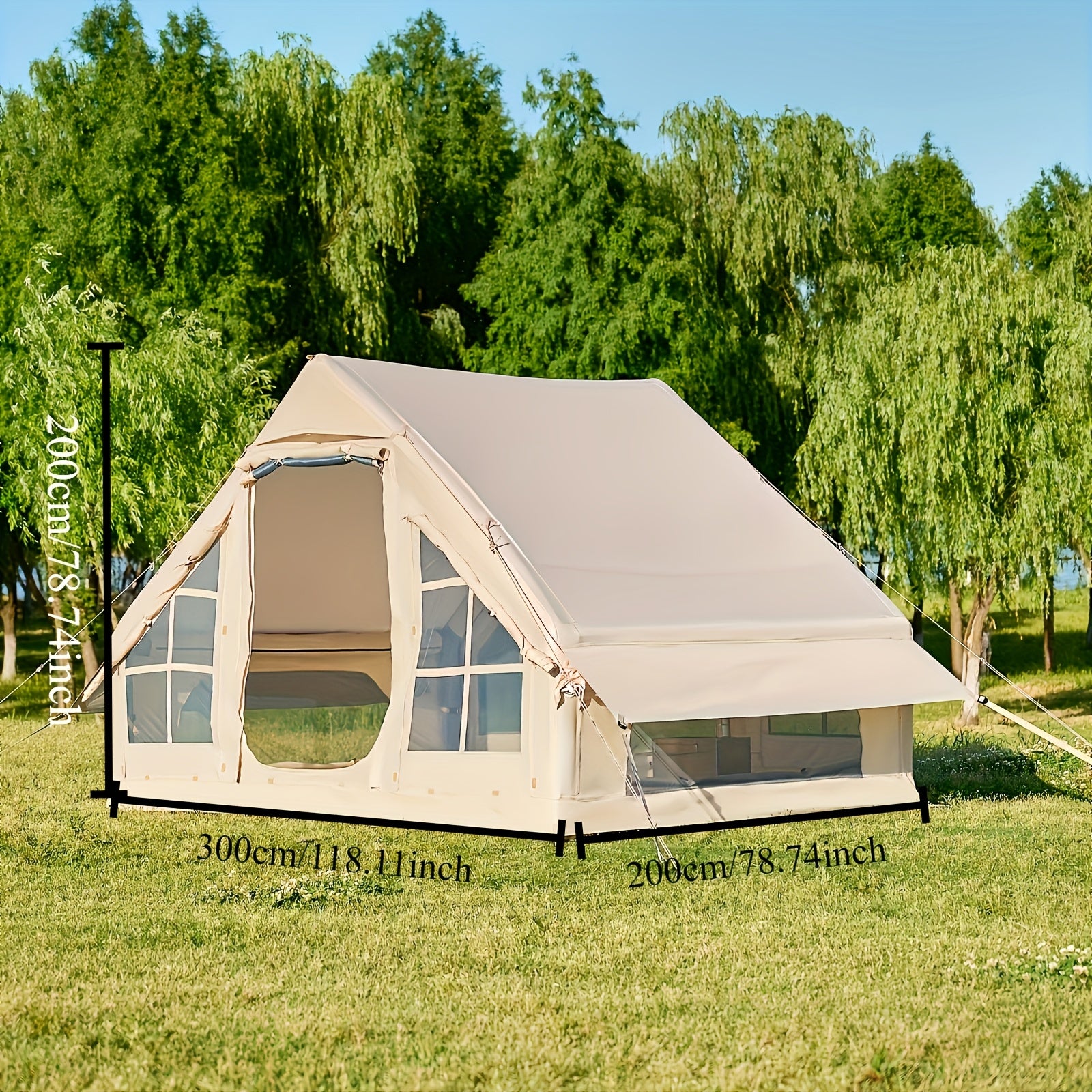 Inflatable Camping Tent with Manual Pump, Easy to Set Up, Waterproof Oxford Air Tent, 4-6 Person Luxury Camping Tent with Mesh and Chimney Window