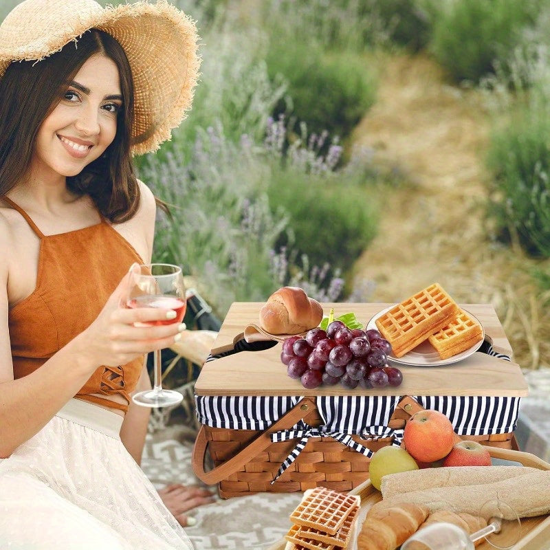 Handcrafted Picnic Basket Made of Wood Chips, Designed for Four People, Featuring Sturdy Woven Construction, Double Swing Handles, And a Spacious Picnic Mat. Ideal for Outdoor Gatherings, Camping, Or As a Wedding Gift for Couples.