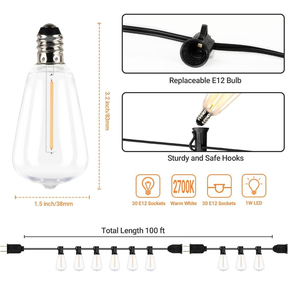 100\u002F 150FT LED Outdoor String Lights Patio Lights with 32\u002F 52 Shatterproof ST38 Vintage Edison Bulbs, Outside Hanging Lights for Porch, Deck, Garden, Backyard, Balcony, 2700K Dimmable