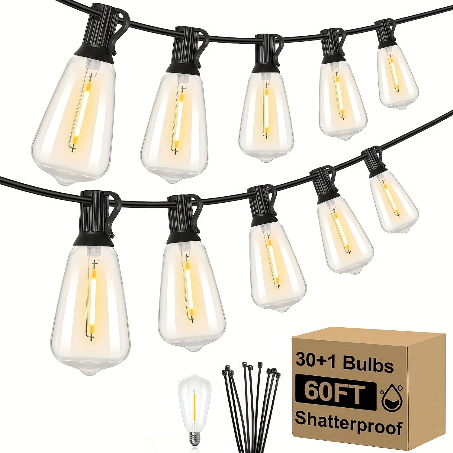 60FT 120FT 200FT LED Outdoor String Lights, Patio Lights With 52 Shatterproof ST38 Edison Bulbs, 2700k Dimmable Connectable Lights String, Outside Hanging String With Hooks For Party Xmas Bistro, Halloween, Christmas Decoration