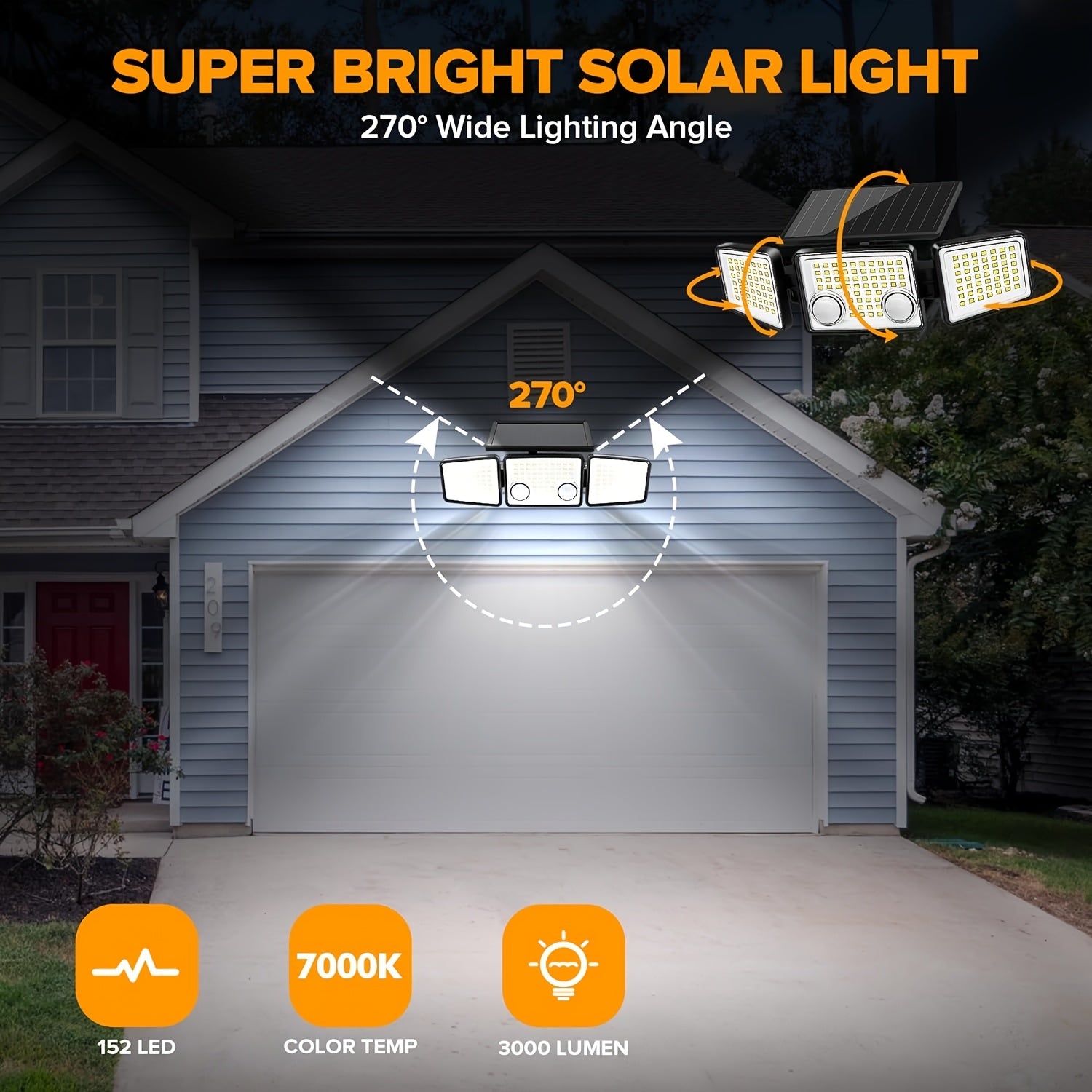 (1\u002F2\u002F4pcs) Solar Outdoor Lights 3000LUMEN 7000K, 152 LED Super Bright Motion Sensor Outdoor Lights with 2 Sensors, Waterproof 270 Wide Angle Solar Flood Lights with 3 Modes for Garden\u002FFence\u002FEaves