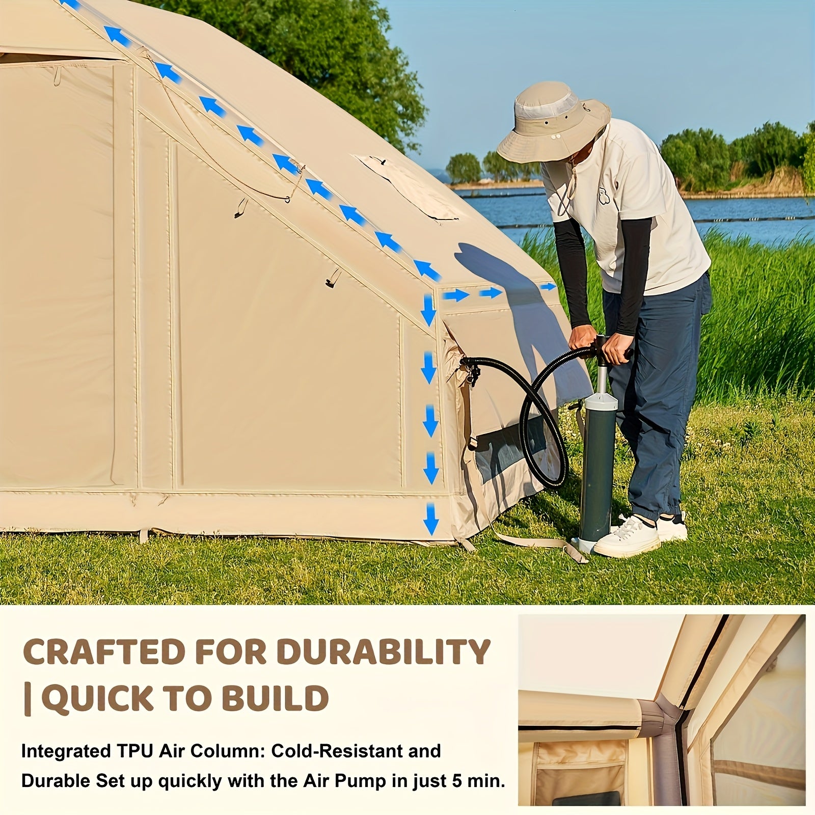 Inflatable Camping Tent with Manual Pump, Easy to Set Up, Waterproof Oxford Air Tent, 4-6 Person Luxury Camping Tent with Mesh and Chimney Window