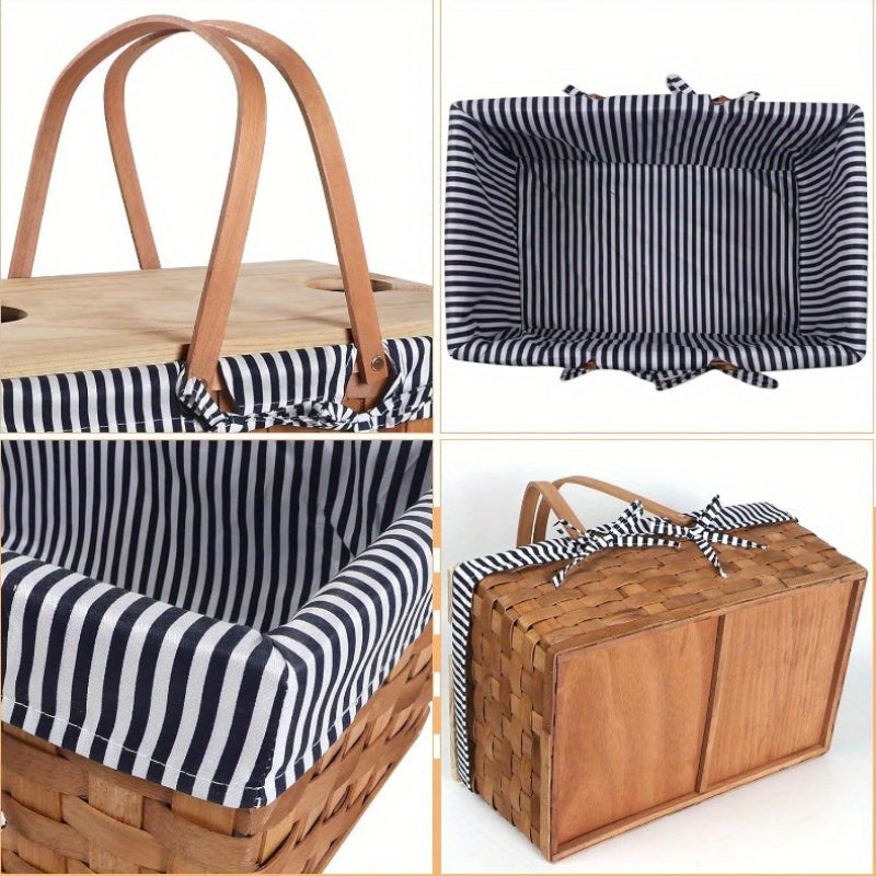 Handcrafted Picnic Basket Made of Wood Chips, Designed for Four People, Featuring Sturdy Woven Construction, Double Swing Handles, And a Spacious Picnic Mat. Ideal for Outdoor Gatherings, Camping, Or As a Wedding Gift for Couples.