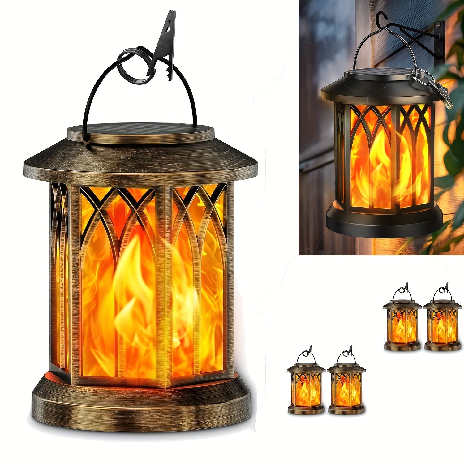Hanging Solar Lanterns Lights Outdoor, Flickering Flames Solar Lantern Lights Outdoor, 2\u002F4 Pack Solar Hanging Lights Outdoor, Auto On\u002FOff Solar Lantern For Yard Garden Decor, Christmas Decorations, Halloween Decorations (Bronze\u002FBlack)
