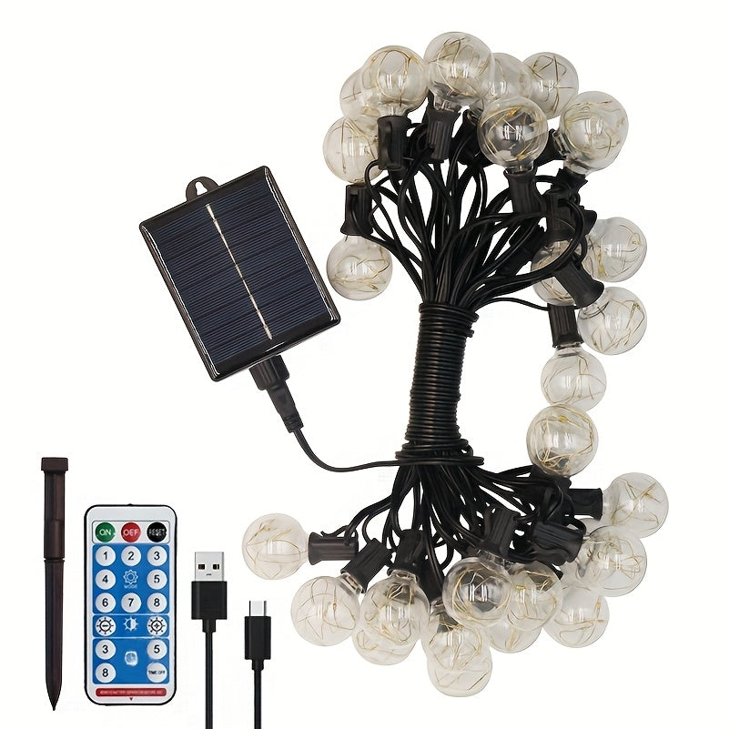 36ft G40 Solar Light String with Remote Control, 8 Lighting Modes, Dimmable, Break-Resistant, IP44 Desktop LED Bulbs, Suitable for Outdoor, Party, Wedding Lighting, Father'S Day Gift