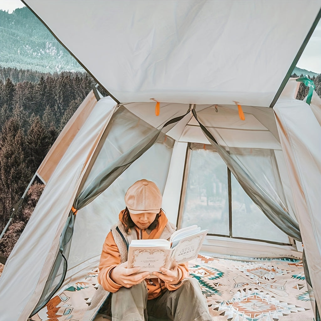 1pc Quick Setup Camping Tent, 4 Ventilated Windows, 240x240cm, Square Shape, Polyester Fabric, Fiberglass Frame, Basic Waterproof, Dual-layer Mesh Door, Outdoor Shelter for Adults and Kids