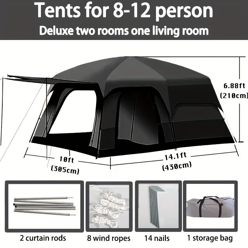 ZONGNAN 14.1ft X 10ft X 6.58ft Extra Large Tent 10-12 Person, Family Cabin Tents, 2 Rooms, Straight Wall, Waterproof, Double Layer, Big Tent For Outdoor, Picnic, Camping, Family Gathering, Black Tent
