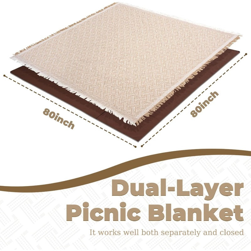 2 in 1 Extra Large Outdoor Picnic Blanket Waterproof Woven Boho Mat Giant Beach Towel Travel Essential Yoga Accessories Park Patio Lawn Garden Grass Ground Music Festival Concert Must Have