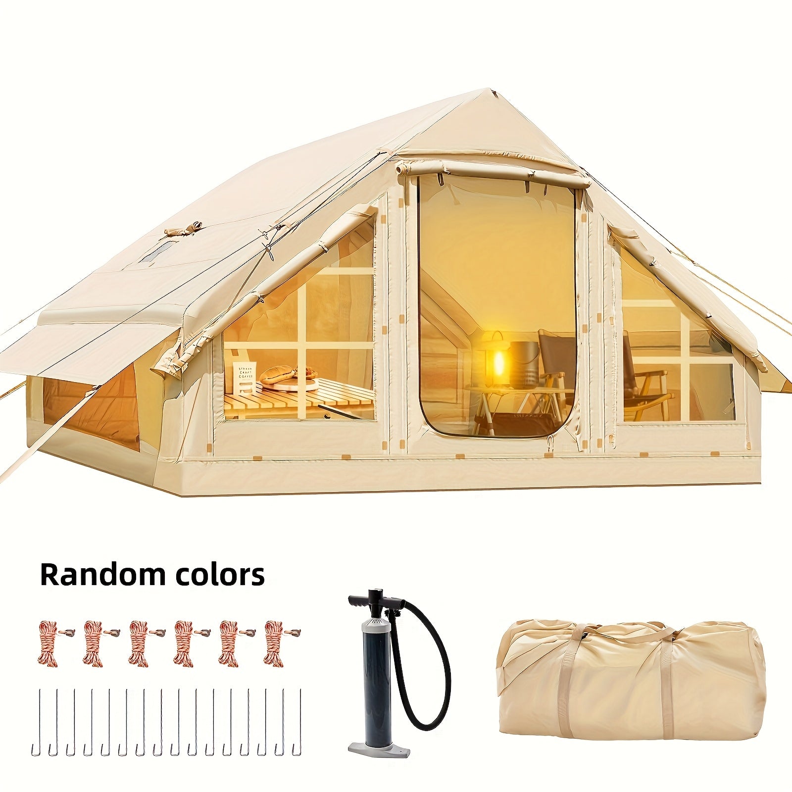 Inflatable Camping Tent with Manual Pump, Easy to Set Up, Waterproof Oxford Air Tent, 4-6 Person Luxury Camping Tent with Mesh and Chimney Window