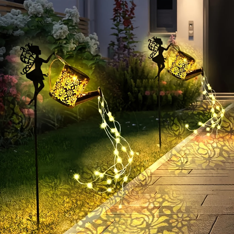 2\u002F 1pc Solar Fairy Waterfall Light - Metal Kettle Garden Decor with LED Streaming, Perfect for Yard, Lawn And Outdoor Solar Pile Lights, IP65 Waterproof, Yard Access Lawn Decor Lighting