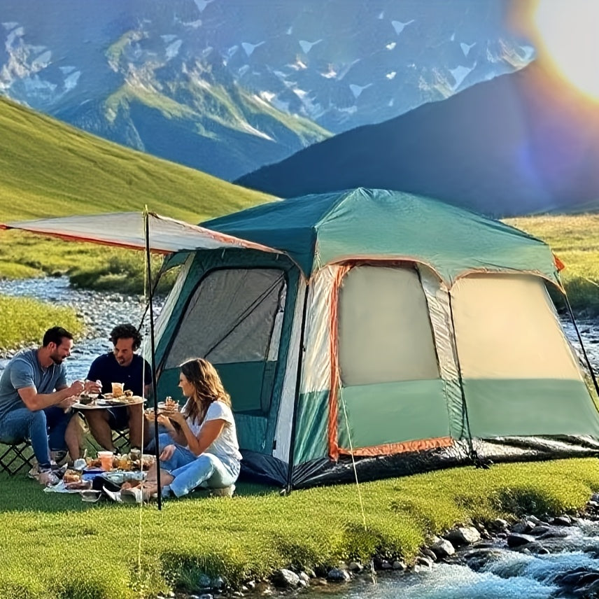 Family Log Cabin Tent, 2 Room Structure, 3 Doors and 3 Mesh Windows, Upright Wall Design with High Quality Feature for Outdoor, Picnic, Camping & Family Gatherings Large Size