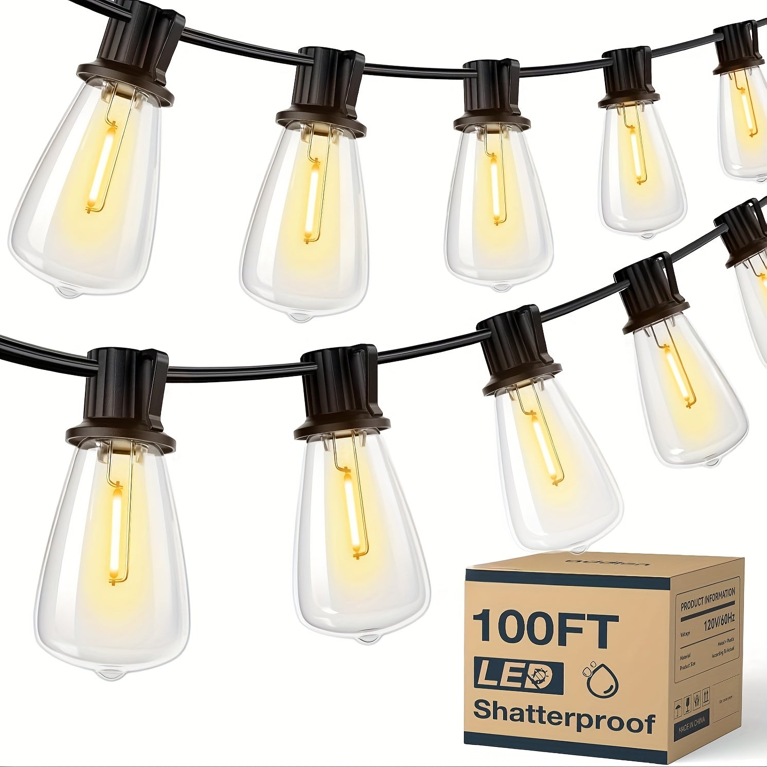 100ft LED Outdoor String Lights, 0.6W\u002F Bulb, 2700K Patio Lighting with ST38 Edison Bulbs, Connectable Hanging Lights for Yard & Porch