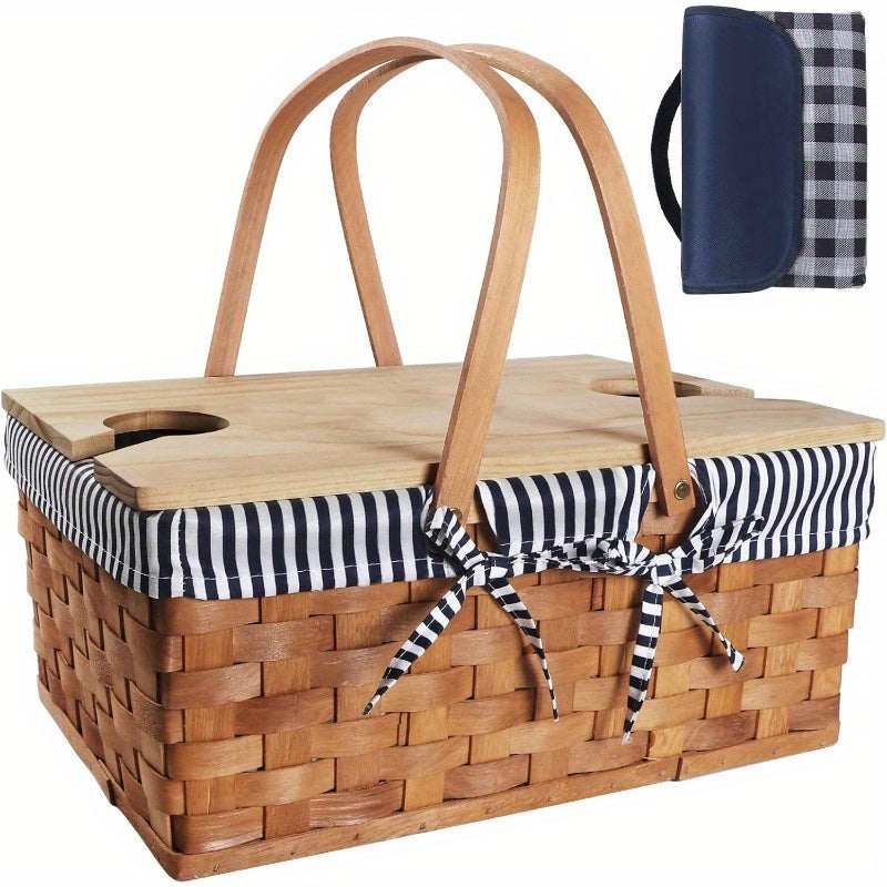 Handcrafted Picnic Basket Made of Wood Chips, Designed for Four People, Featuring Sturdy Woven Construction, Double Swing Handles, And a Spacious Picnic Mat. Ideal for Outdoor Gatherings, Camping, Or As a Wedding Gift for Couples.