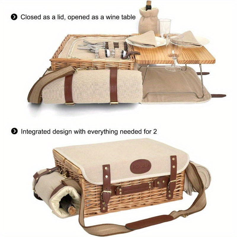 Multifunctional Wicker Picnic Basket Set 2 with Blanket and Picnic Table, Insulated Picnic Set with Full Tablewares Camping Outdoor Couples, Natural