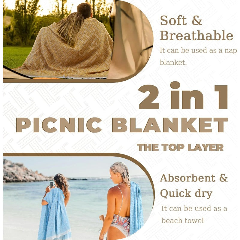 2 in 1 Extra Large Outdoor Picnic Blanket Waterproof Woven Boho Mat Giant Beach Towel Travel Essential Yoga Accessories Park Patio Lawn Garden Grass Ground Music Festival Concert Must Have