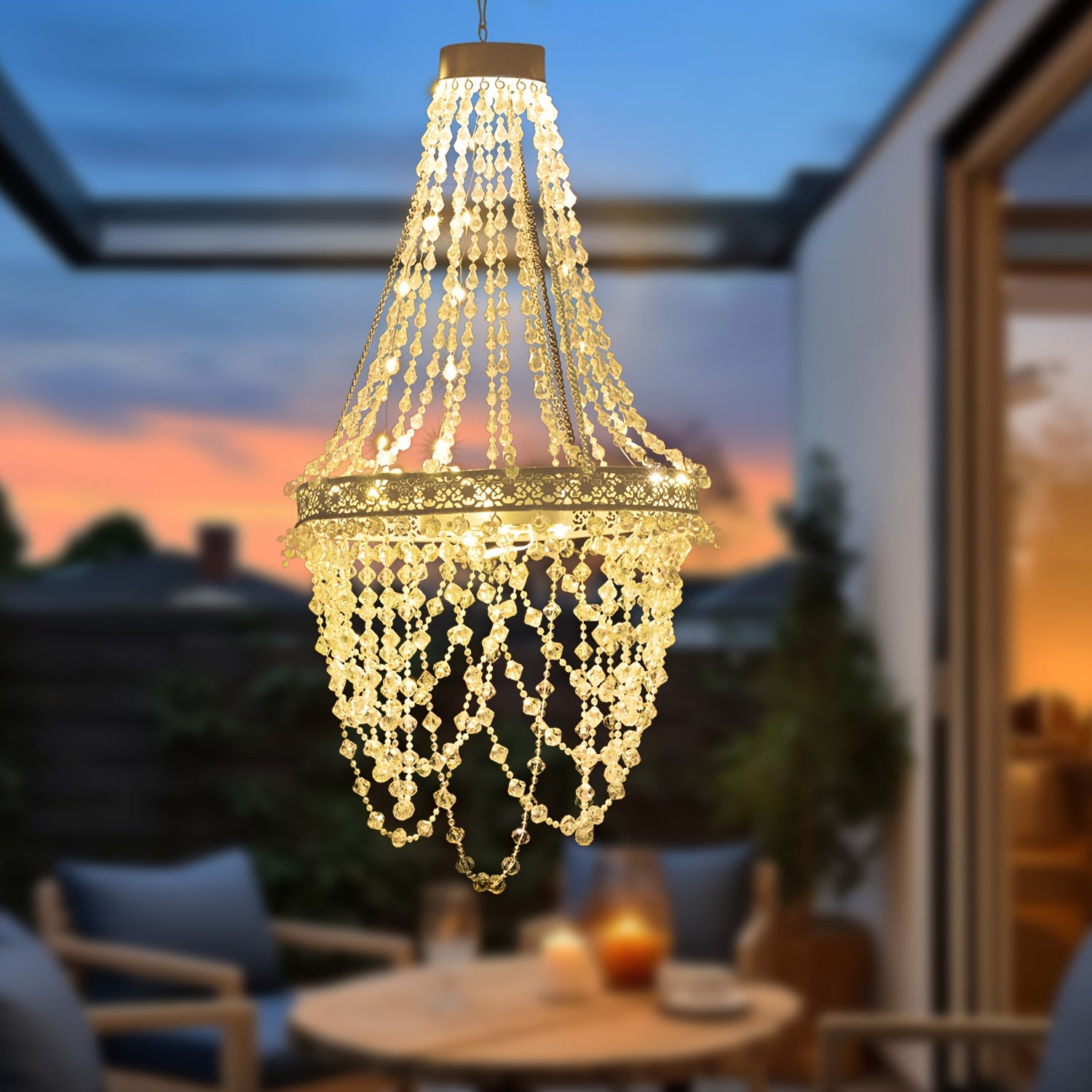Solar Hanging Crystal Chandelier Outdoor Garden Decorative Lights Powerful Lithium Battery 54 Warm White LEDs Waterproof Hanging Lantern For Garden, Yard, Patio, Gazebo, Party, Wedding