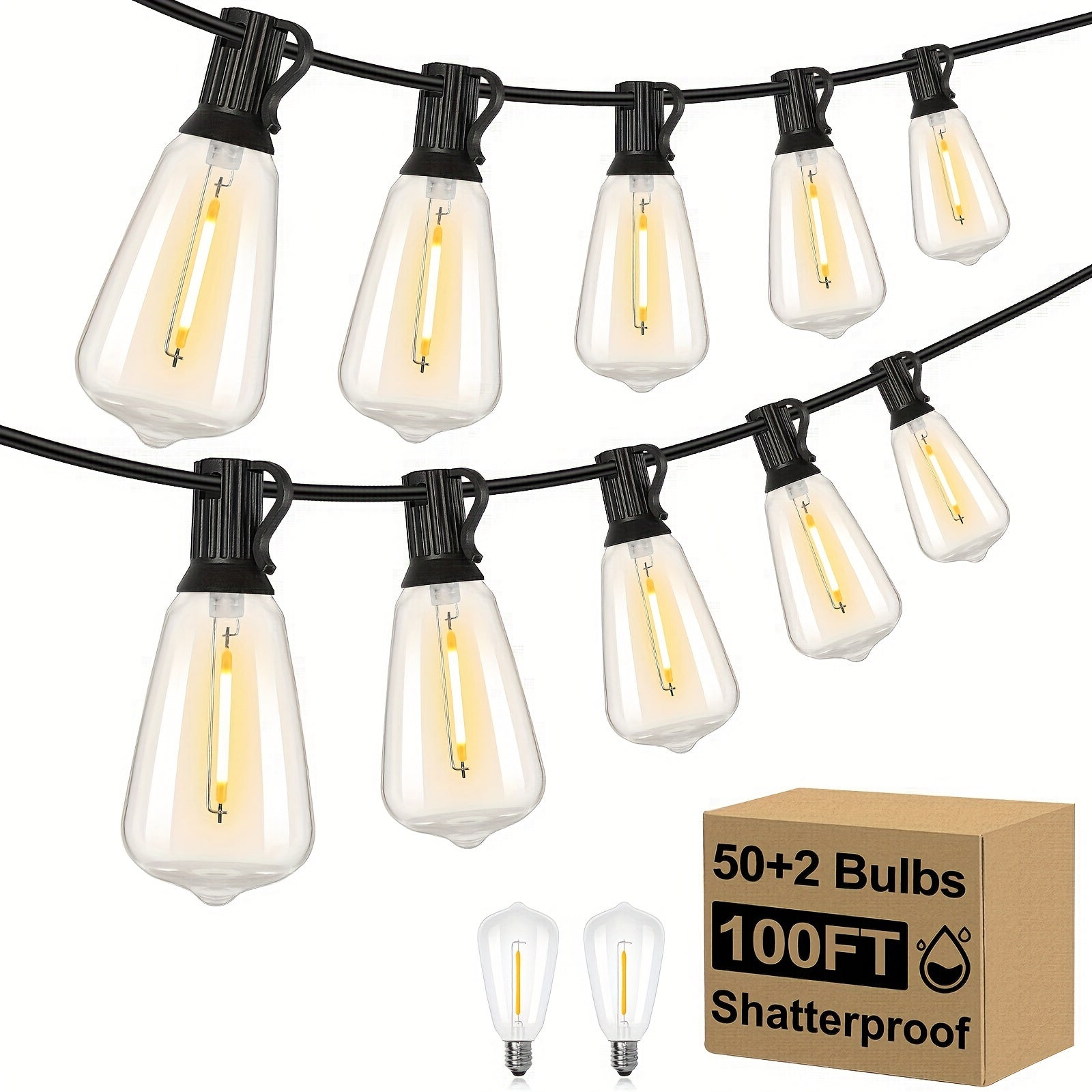 60FT 120FT 200FT LED Outdoor String Lights, Patio Lights With 52 Shatterproof ST38 Edison Bulbs, 2700k Dimmable Connectable Lights String, Outside Hanging String With Hooks For Party Xmas Bistro, Halloween, Christmas Decoration